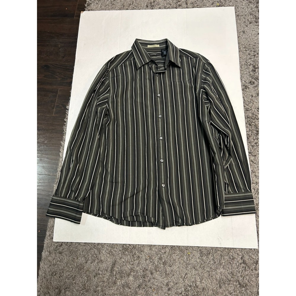 Claiborne Mens Size Large Striped Button Down Green/Gray/Brown